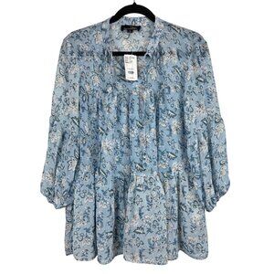 NWT  $71 Suzanne Betro L Womens Blue Floral Tiered Top Long Sleeves Lightweight